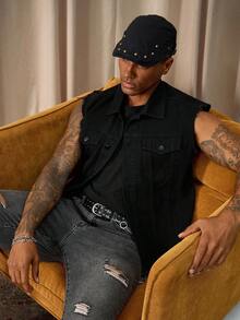 RivetRise Men's Single-Breasted Frayed Casual Denim Vest Jacket Boyfriend & Husband Business Casual Regular Washed Black For Slim Fit College Mens Grunge Clothes - Black - View 4