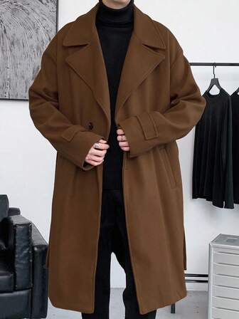 Manfinity Homme 宽松男士长袖翻领落肩系带大衣，秋冬款