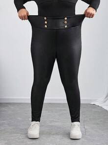 SHEIN CURVE+ Leggings de cuero negro de talla grande de cintura alta, para otoño/invierno - Negro - Ver 3