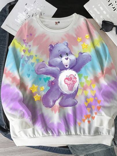 SHEIN X Care Bears 大码扎染卡通熊图案长袖套头衫