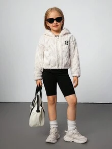 SHEIN 1pc Girls Young Girl Autumn/Winter New Wheat Ear Plush Jacquard Embroidered Hoodie Zipper Front Long Sleeve Cute Casual Thicken Fleece Outerwear, Fashion & Versatile - Beige - View 3