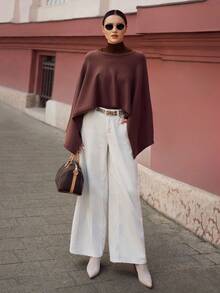 Ontre 优雅风格，简约设计，羊毛混纺材质，棕色，长袖，斗篷廓形，宽松版型，女式毛衣，女式斗篷毛衣，秋季服装，日常休闲装，商务休闲装 - 摩卡棕 - 查看 8