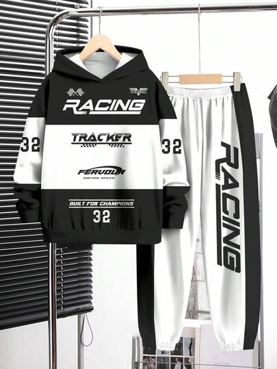 RACING Teen Boy Casual Loose Comfortable Long Sleeve Hoodie Set, Suitable For Autumn/Winter Fall