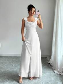 Rafferiza Sleeveless Waist Cinched Solid Color Split Dress - White - View 5