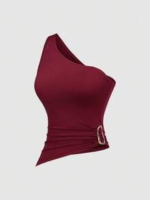 Sweetra 女士新款不对称单肩金属扣装饰衬衫套装，适合海滩度假，春夏季 - 彩色 - 查看 5