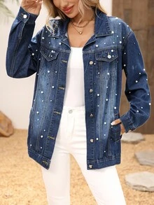 EMERY ROSE Áo khoác denim thường ngày đính ngọc trai cho nữ, trễ vai - Màu xanh lam - Xem 3