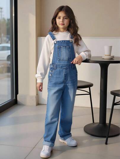 SHEIN Tween Girl Cat Whisker Washed Denim Overalls Chic Outfits For Spring/Autumn/Winter