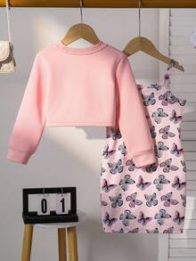 2 件套女童蝴蝶印花长袖上衣 + 蝴蝶全身印花吊带背心裙，时尚休闲装，适合作为礼物 - 彩色 - 查看 2