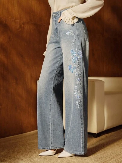 Anewsta 刺绣花卉口袋直筒牛仔裤