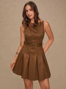 Enchnt Spring/Summer Romantic Women's Suede Burgundy Sleeveless Pleated Hem Cute Mini Dress With Belt,Sweet&Elegant For Party&Date&Holiday&Going Out - Brown - View 6