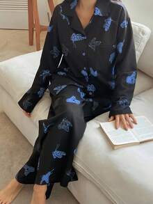 DAZY Women Butterfly Print Pajama Set, Fall Clothes - Black - View 6