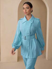 Graceveil Bộ 2 chiếc áo sơ mi và quần dài màu trơn thanh lịch dành cho người đi làm - Màu xanh lam - Xem 6