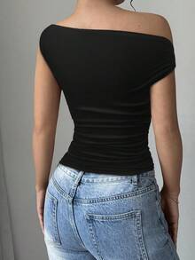 SHEIN Unity Top Corto Para Mujer Con Cuello Asimétrico - Negro - Ver 2