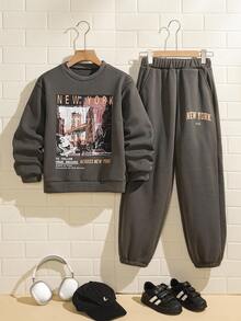 Explorewe 青少年男孩字母印花圆领长袖运动衫和裤子休闲装，秋季 - 灰色 - 查看 2