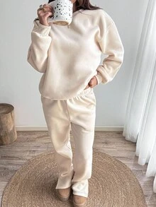 Sunnyshic 女士纯色圆领宽松落肩休闲百搭运动衫套装 - 杏色 - 查看 3