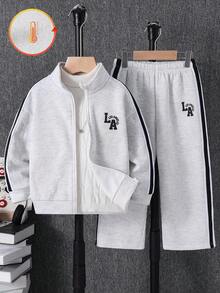 Kids 2pcs/Set Young Boys White Soft Fleece Zip-Up Hoodie And Winter Pants Set, Style Comfortable Casual Autumn Day Back-To-School Outfit For School - Multicolor - View 4