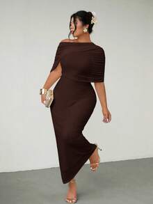 Firerie Plus Size Elegant Romantic Ruffle Asymmetric Waist Fitted Dress, Comfortable Casual New Style For Spring/Summer - Brown - View 6