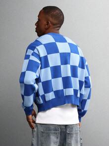 SUMWON Cardigan de Botões com Ajuste Crop em Estilo Xadrez Bicolor, Suéter de Tricô Estilo Universitário com Decote V Clássico, Camada Casual Leve de Malha para Outono e Inverno - Azul - Visão 2