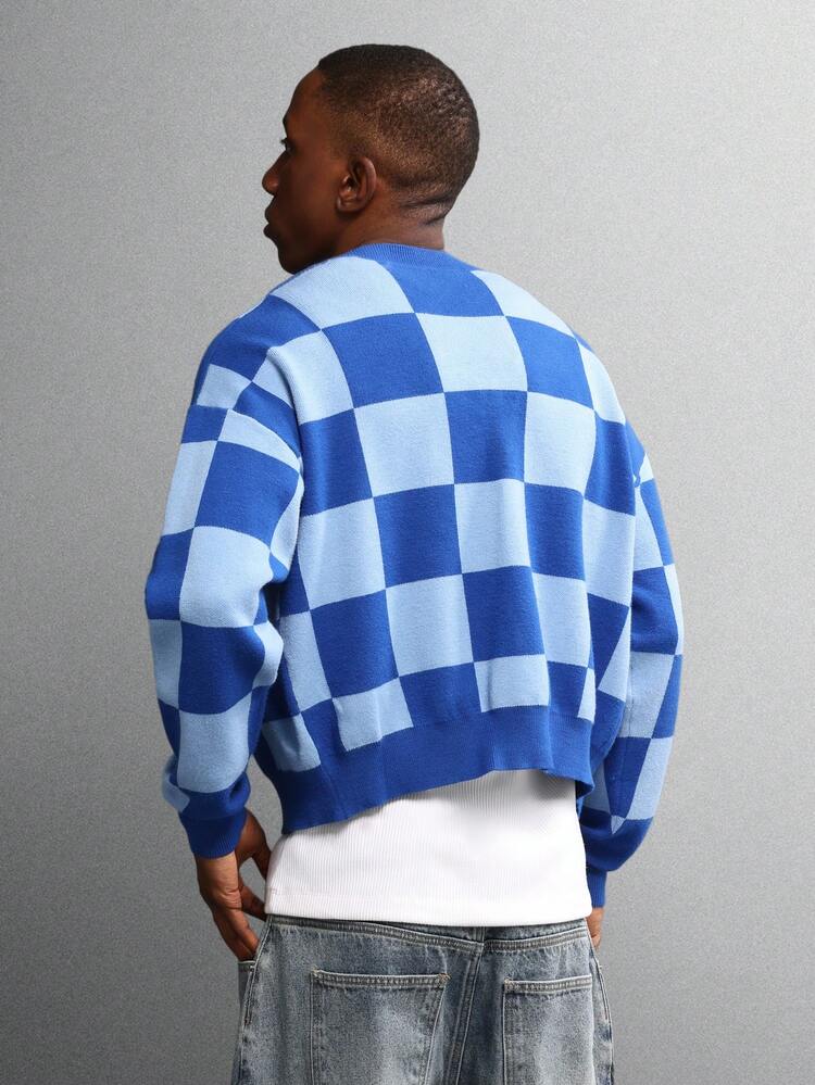 Two Tone Checkered Cardigan With V Neck Front Buttons