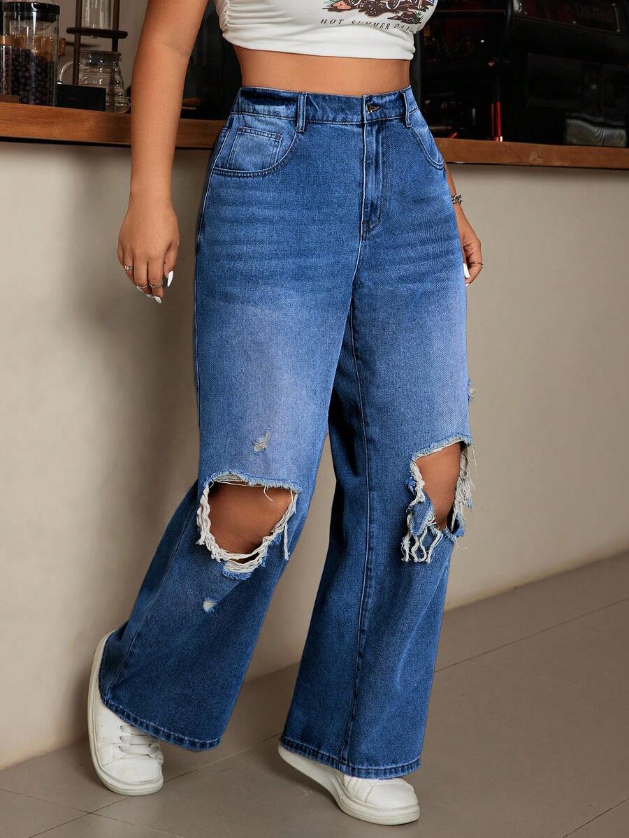 SHEIN Cottnline Plus Size Casual Washed Distressed High Waist Jeans - Medium Wash - View 1
