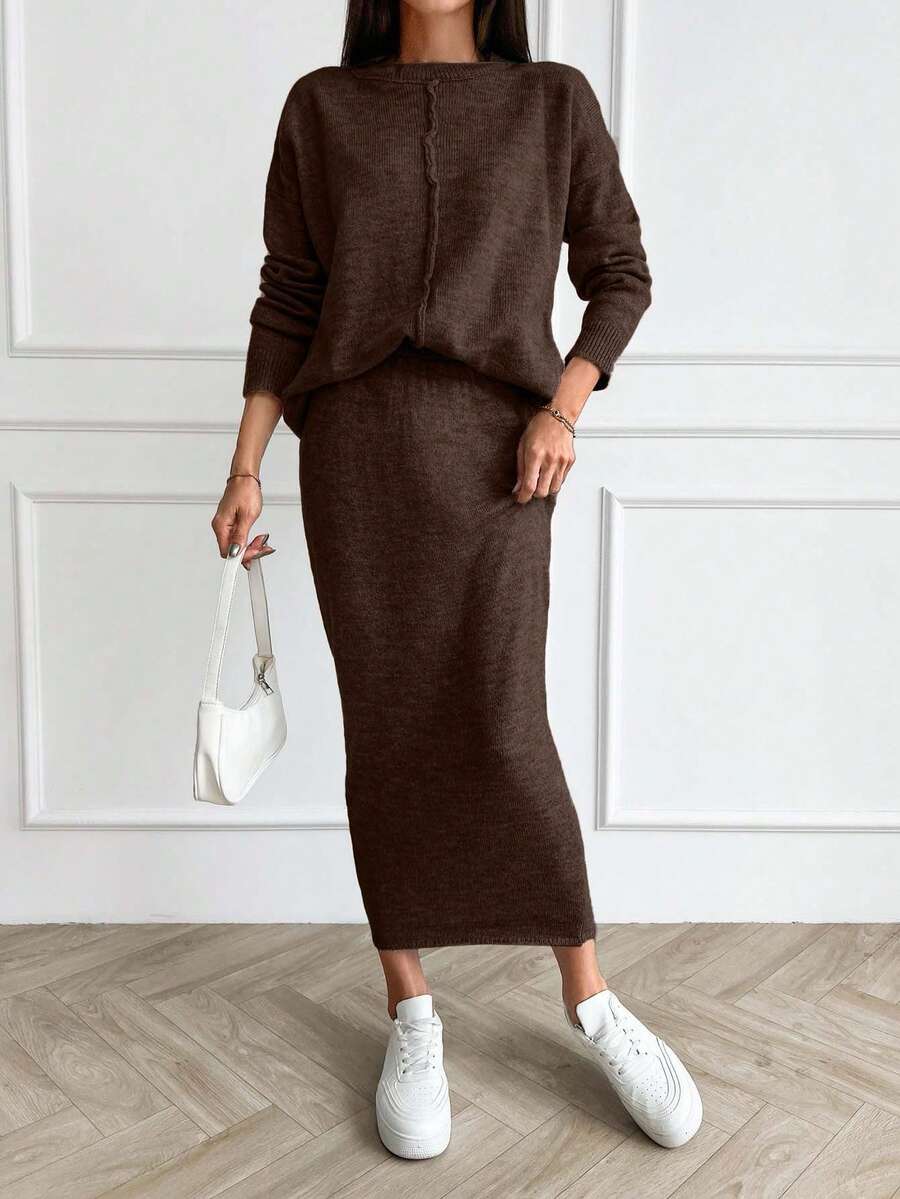 EURMUSE 前缝细节毛衣和中长裙 - 棕色 - 查看 1