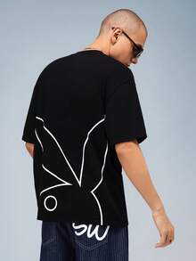 PLAYBOY X SUMWON 简约现代白色线条设计超大棉质 T 恤当代都市街头服饰图案 - 黑色 - 查看 1