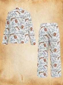 HARRY POTTER X SHEIN 女士翻领长袖上衣和宽松长裤睡衣套装，全身印花，春秋季，秋冬季服装 - 白色 - 查看 2