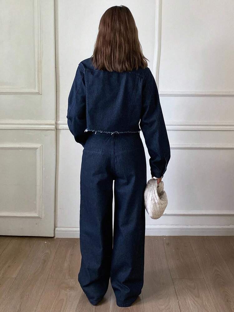 Women's Solid Color Fitted Short Sleeve Collared Shirt And Wide Leg Pants Casual Street Style Denim Suit, Autumn