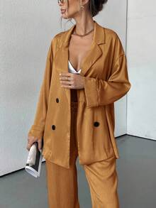 Aveloria Modichic 女士秋季两件套纹理套装休闲纽扣衬衫阔腿裤套装家居服运动服优雅商务休闲女装 - 亮橙色 - 查看 6