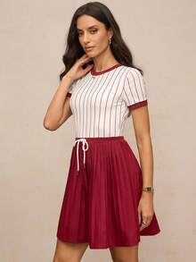 Activina 女式撞色条纹褶边运动连衣裙 - 紅色 - 查看 6