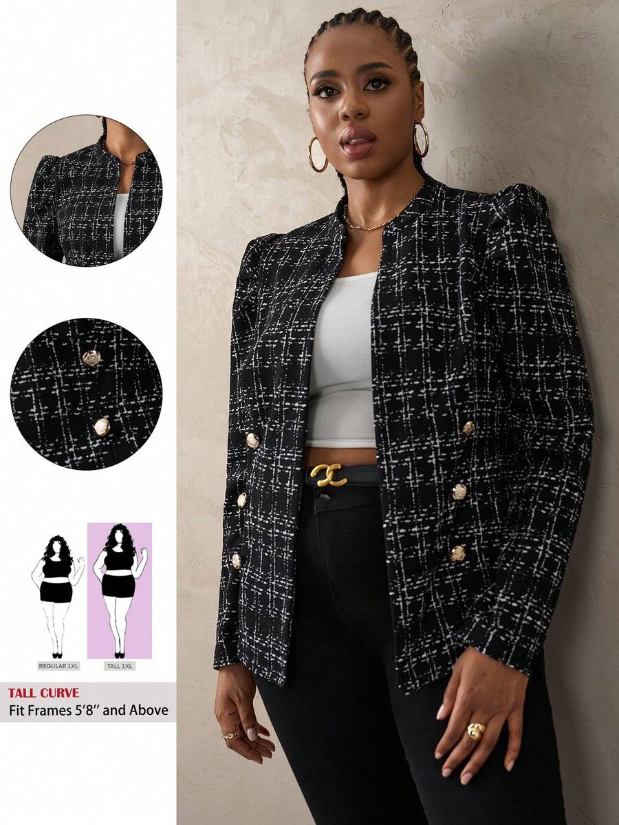 SHEIN Tall CURVE Giacca da donna taglie forti con decorazione fibbia in metallo, in tessuto finto tweed, giacca elegante da indossare tutti i giorni e casual da ufficio, blazer in tweed per donna taglie forti, giacca in tweed per donna taglie forti, blazer in tweed per donna in autunno/inverno