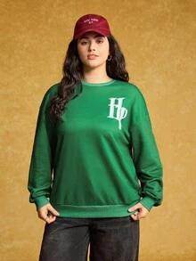 HARRY POTTER X SHEIN Áo nỉ chui đầu cổ tròn tay dài họa tiết cú cỡ lớn màu xanh lá cây - màu xanh lá - Xem 3