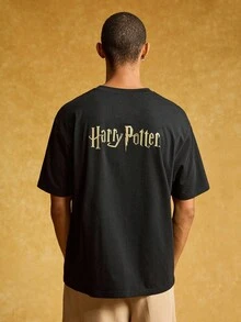 HARRY POTTER X SHEIN 男士休闲宽松动物徽章印花落肩黑色T恤，夏季 - 黑色 - 查看 2