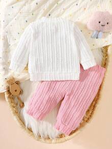 SHEIN Áo dài tay thêu màu trắng cho bé gái sơ sinh mùa thu kết hợp với quần hồng 2 món giản dị, đơn giản, thời trang và đa năng - Nhiều màu - Xem 2