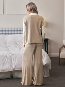 Louniche 2pcs Women's Casual Color Block Drawstring Knitted Set - Camel - View 2