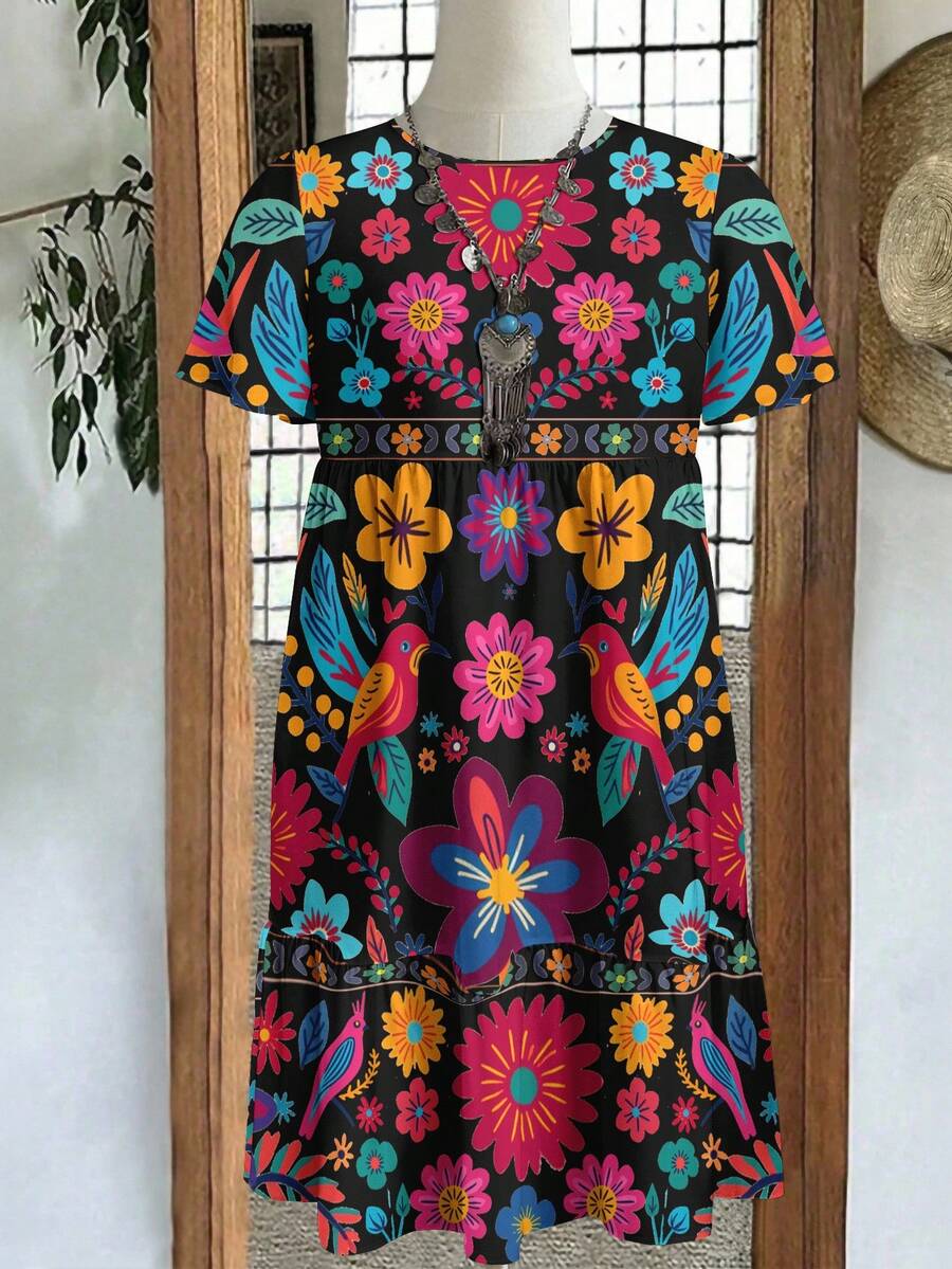 EMERY ROSE 休闲简约全印花花卉图案黑色大码连衣裙，适合夏季 - 彩色 - 查看 1