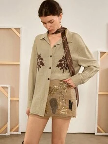 Florisole Herbst Boho besticktes Knopf-Lässig Bluse für Frauen