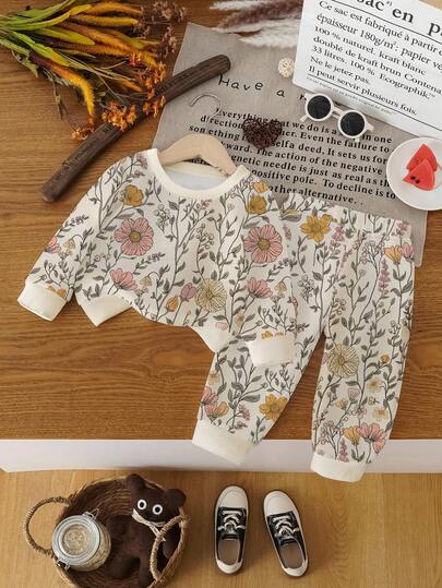 SHEIN Vintaside Kids 1 套女婴休闲舒适时尚百搭甜美可爱花卉印花长袖圆领运动衫和运动裤套装，秋冬
