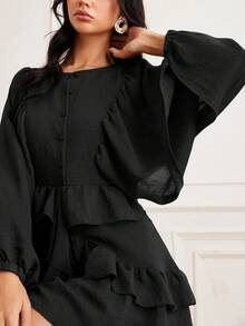 EMERY ROSE Women's Autumn/Winter New Lantern Sleeve Solid Coffee Color Loose Round Neck Versatile Button Layered Ruffle Hem Long Sleeve Flowy Mini Dress - Black - View 7