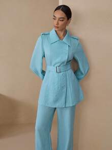 Graceveil Bộ 2 chiếc áo sơ mi và quần dài màu trơn thanh lịch dành cho người đi làm - Màu xanh lam - Xem 7