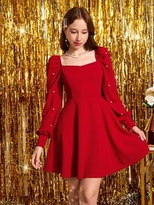 Pitira 少女派对装圣诞红/针织/冬季/优雅蚂蚁/派对/串珠泡泡袖长袖/珍珠扣/短裙，太阳下摆连衣裙 - 紅色 - 查看 4
