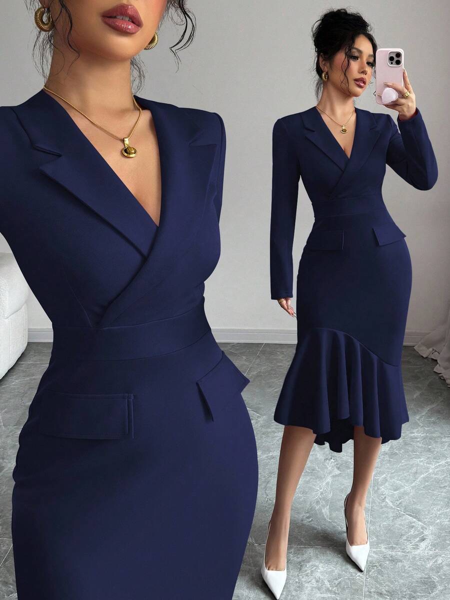 Elenzga 新款女士节日中长连衣裙，西装领长袖不对称鱼尾下摆收腰连衣裙，适合日常穿着、约会、聚会、郊游 - 寶藍色 - 查看 1