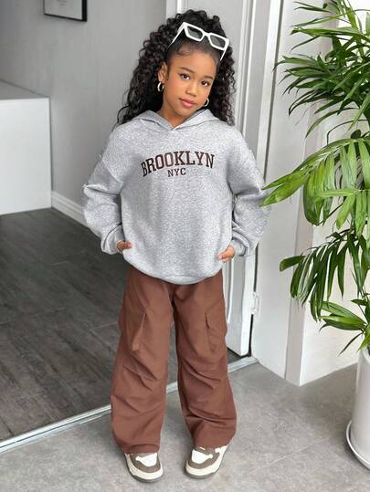 2 件套青少年女孩休闲运动服，宽松长袖连帽运动衫 + 宽松工装裤套装，秋冬日常运动装