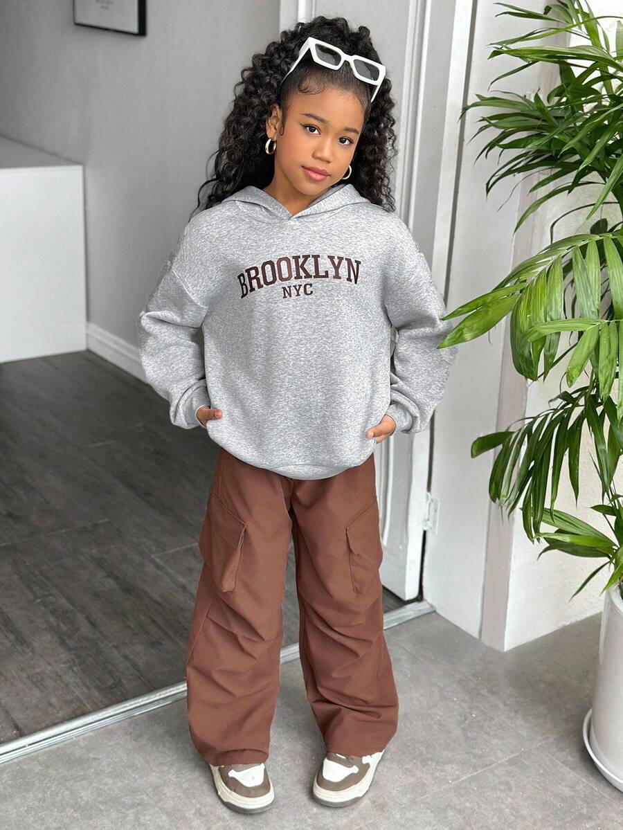 2 件套青少年女孩休闲运动服，宽松长袖连帽运动衫 + 宽松工装裤套装，秋冬日常运动装 - 彩色 - 查看 1