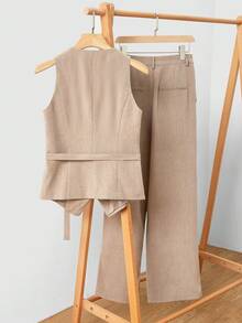 Uhlyne Women's Autumn Minimalist Casual Commute Daily Linen Gray Metal Buckle Wrap Vest & Pants 2 Pieces Business Casual Suit Women Pantsuit Formal Pantsuit Woman Suit - Grey - View 2