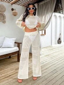 EURMUSE Ivory Open-Knit Two-Piece Set With Flared Pants And Long-Sleeve Top, Featuring A Lightweight And Breathable Fabric For Boho-Chic Styles Women For Summer - Cream - View 3