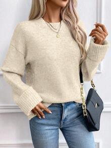 EMERY ROSE Women's Casual Loose Fit Drop Shoulder Long Sleeve Crew Neck Sweater - Apricot - View 3