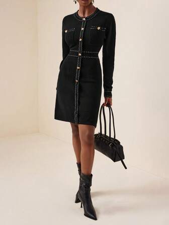 Vesra 女士秋冬优雅A字型单排扣长袖针织连衣裙