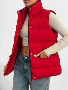 EURMUSE Women High Neck Zip Detailed Vest Winter Coat - Red - View 1