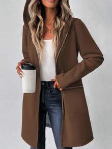EMERY ROSE 女式秋季长袖连帽夹克，落肩，卫衣材质，拉链装饰，中长款，休闲 - 棕色 - 查看 1